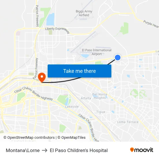 Montana\Lorne to El Paso Children's Hospital map