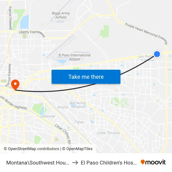 Montana\Southwest Housing to El Paso Children's Hospital map