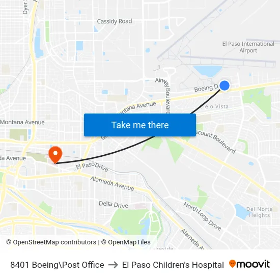8401 Boeing\Post Office to El Paso Children's Hospital map