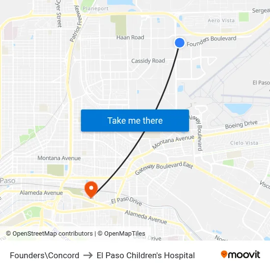 Founders\Concord to El Paso Children's Hospital map