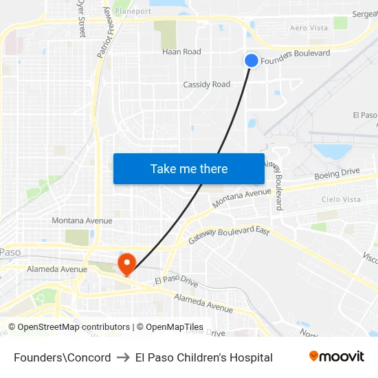 Founders\Concord to El Paso Children's Hospital map
