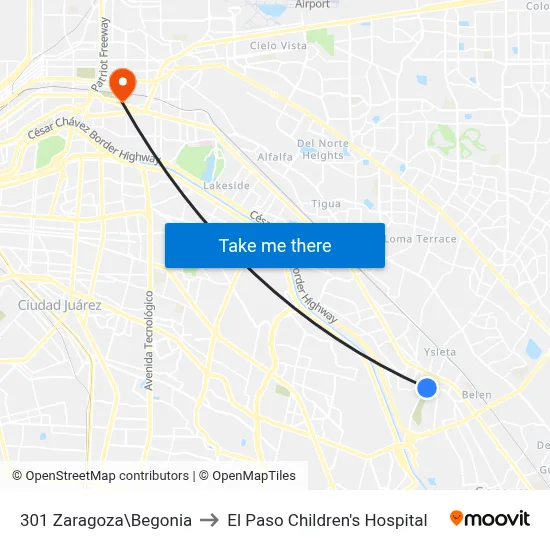 301 Zaragoza\Begonia to El Paso Children's Hospital map