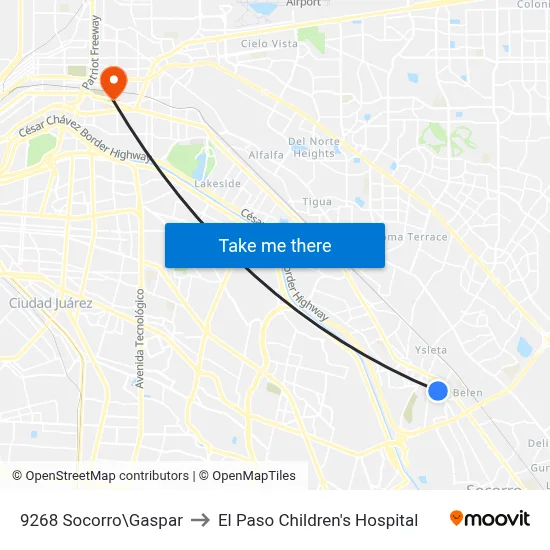 9268 Socorro\Gaspar to El Paso Children's Hospital map