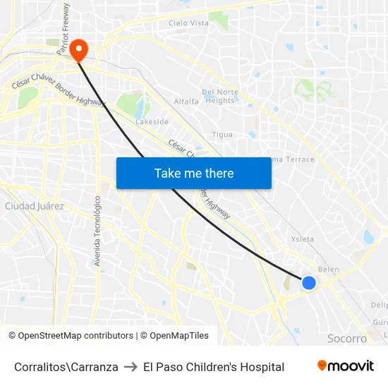 Corralitos\Carranza to El Paso Children's Hospital map