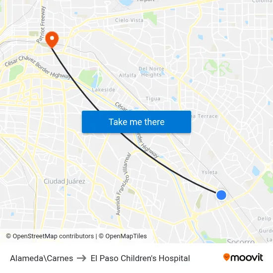 Alameda\Carnes to El Paso Children's Hospital map