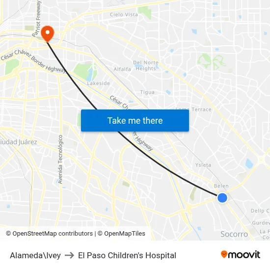Alameda\Ivey to El Paso Children's Hospital map