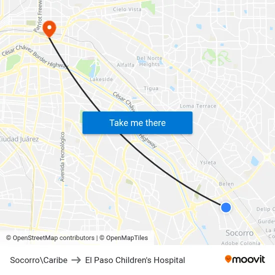 Socorro\Caribe to El Paso Children's Hospital map