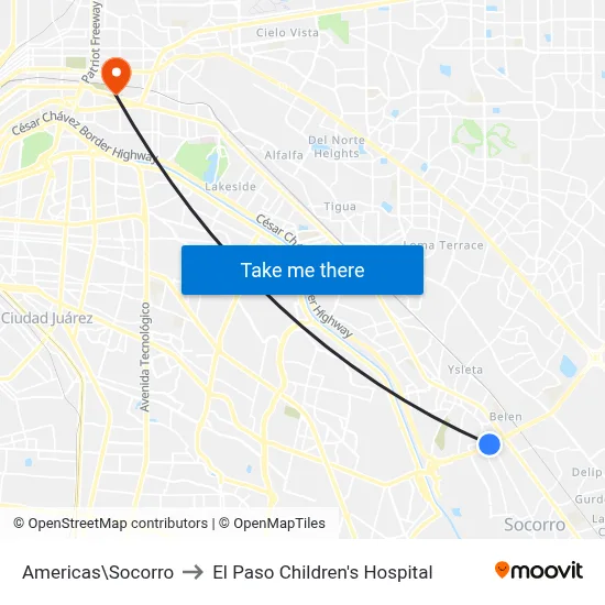 Americas\Socorro to El Paso Children's Hospital map