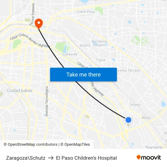 Zaragoza\Schutz to El Paso Children's Hospital map
