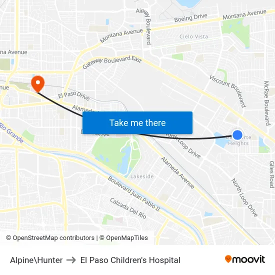 Alpine\Hunter to El Paso Children's Hospital map