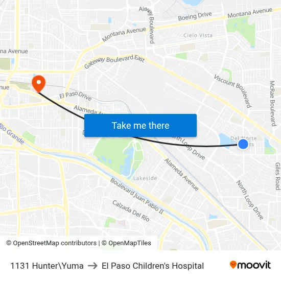 1131 Hunter\Yuma to El Paso Children's Hospital map