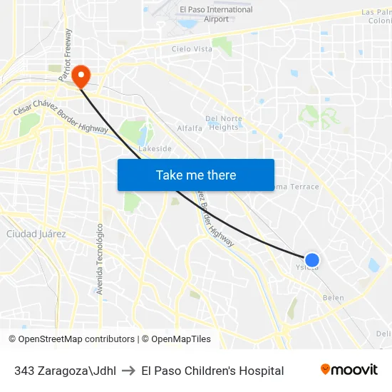 343 Zaragoza\Jdhl to El Paso Children's Hospital map