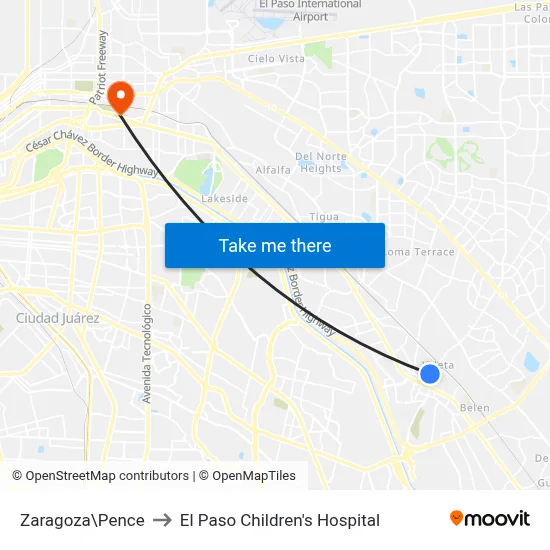 Zaragoza\Pence to El Paso Children's Hospital map