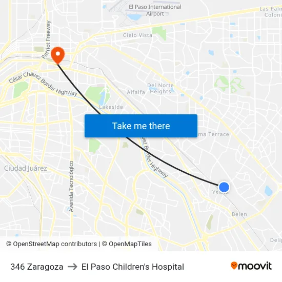 346 Zaragoza to El Paso Children's Hospital map