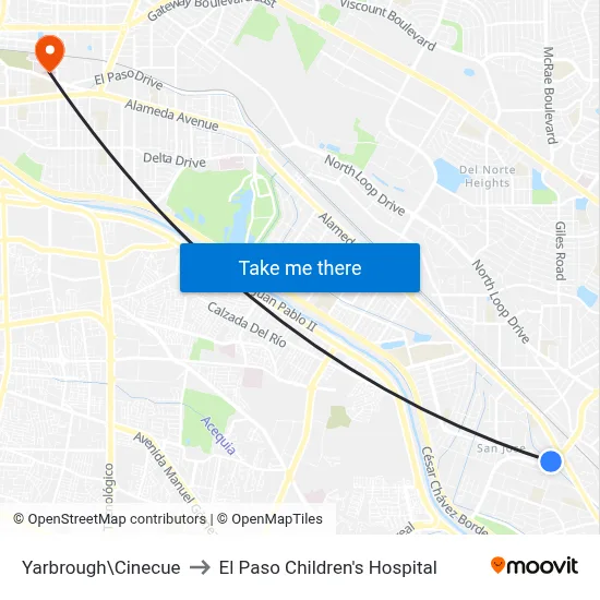 Yarbrough\Cinecue to El Paso Children's Hospital map