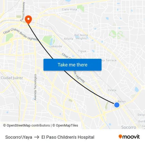 Socorro\Yaya to El Paso Children's Hospital map