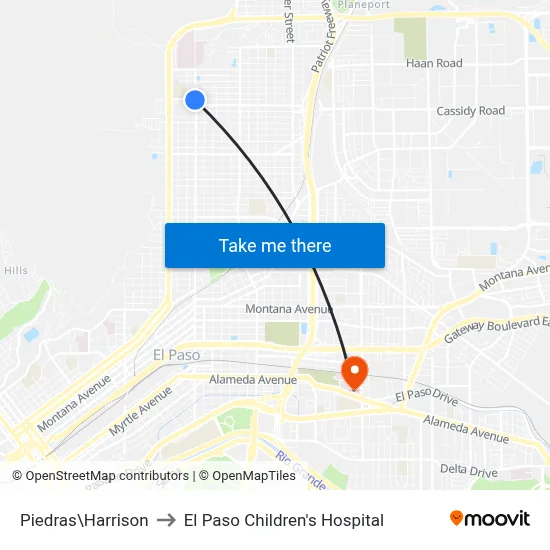 Piedras\Harrison to El Paso Children's Hospital map