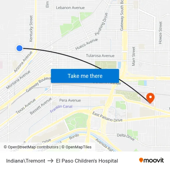 Indiana\Tremont to El Paso Children's Hospital map