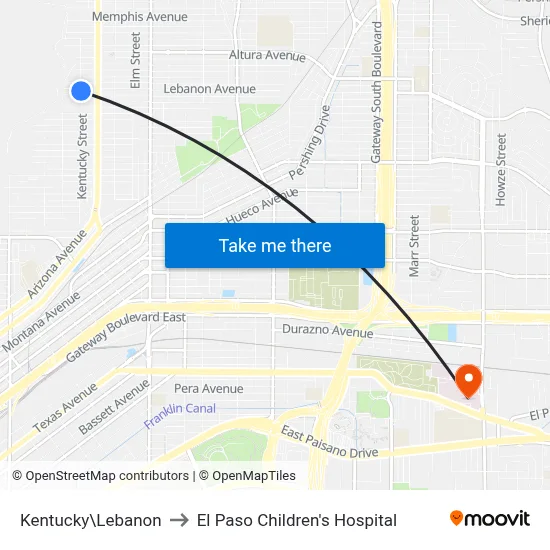 Kentucky\Lebanon to El Paso Children's Hospital map