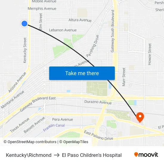 Kentucky\Richmond to El Paso Children's Hospital map