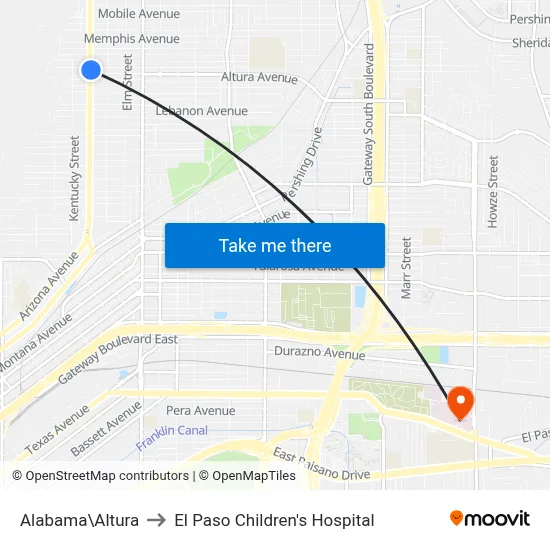 Alabama\Altura to El Paso Children's Hospital map