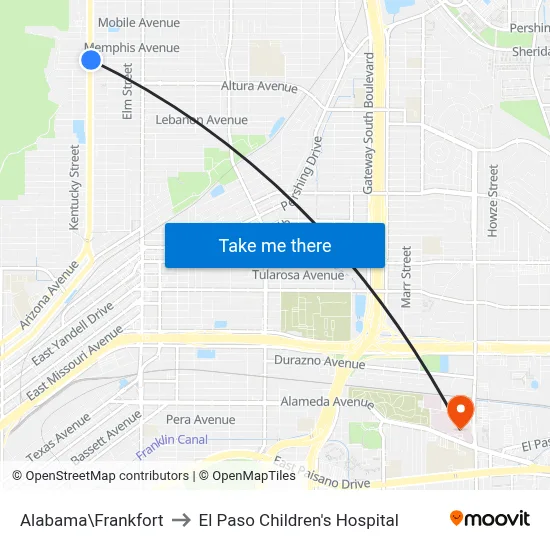 Alabama\Frankfort to El Paso Children's Hospital map