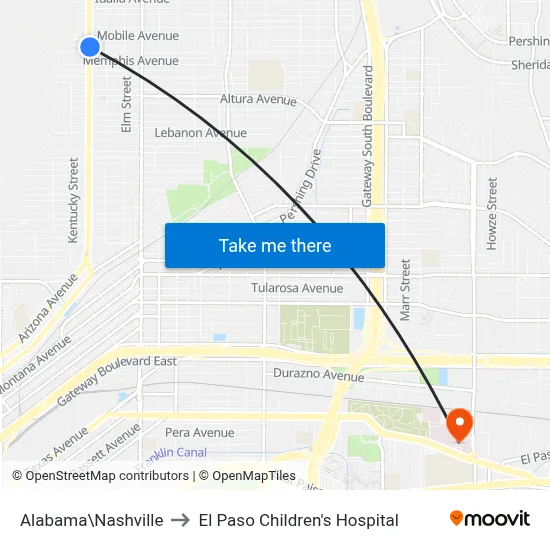 Alabama\Nashville to El Paso Children's Hospital map