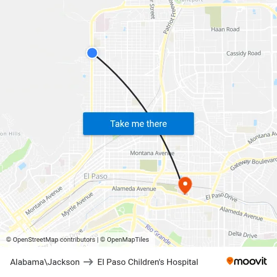 Alabama\Jackson to El Paso Children's Hospital map