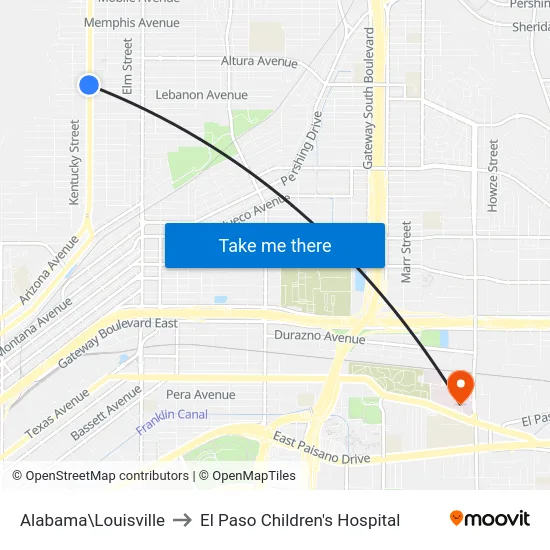 Alabama\Louisville to El Paso Children's Hospital map