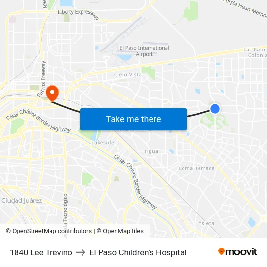 1840 Lee Trevino to El Paso Children's Hospital map
