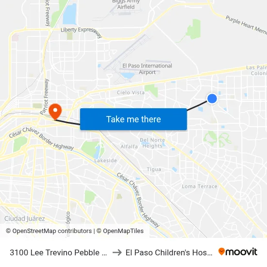 3100 Lee Trevino Pebble Hills to El Paso Children's Hospital map