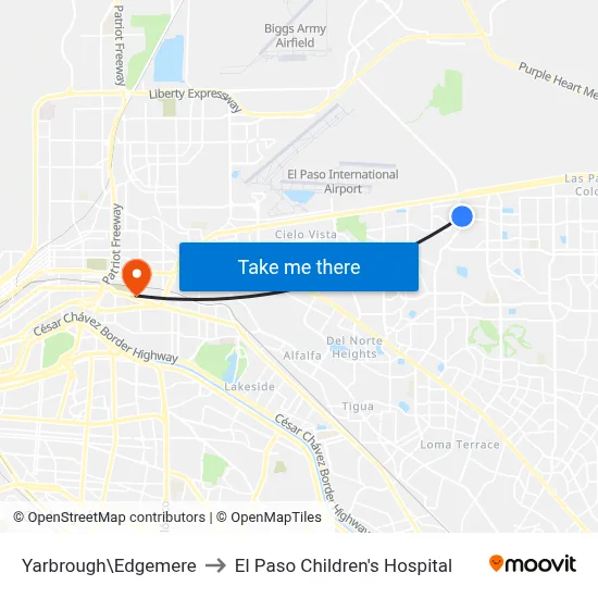 Yarbrough\Edgemere to El Paso Children's Hospital map