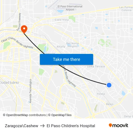 Zaragoza\Cashew to El Paso Children's Hospital map