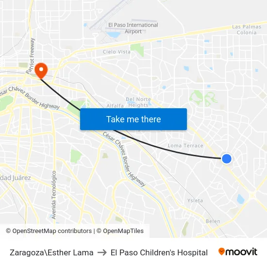 Zaragoza\Esther Lama to El Paso Children's Hospital map