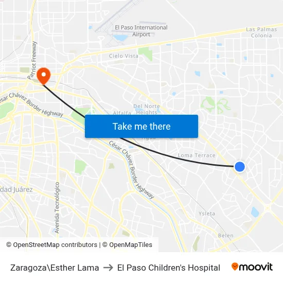 Zaragoza\Esther Lama to El Paso Children's Hospital map