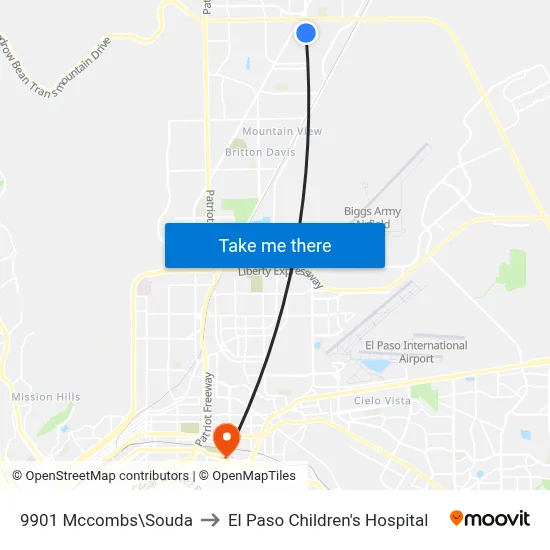 9901 Mccombs\Souda to El Paso Children's Hospital map