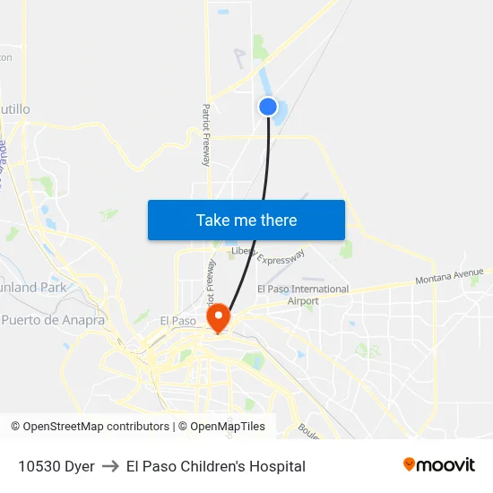 10530 Dyer to El Paso Children's Hospital map