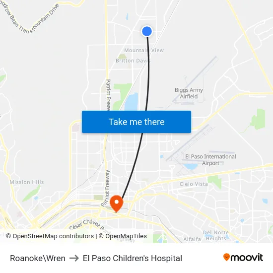 Roanoke\Wren to El Paso Children's Hospital map