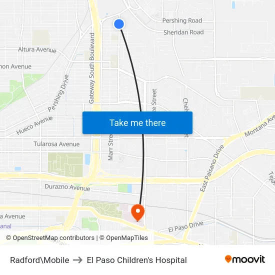 Radford\Mobile to El Paso Children's Hospital map