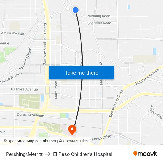 Pershing\Merritt to El Paso Children's Hospital map