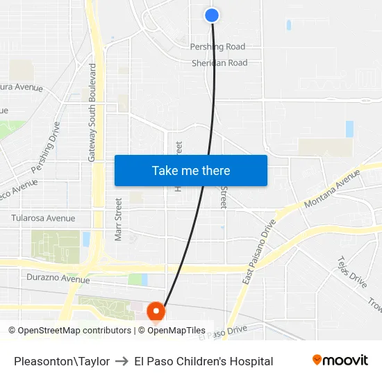 Pleasonton\Taylor to El Paso Children's Hospital map