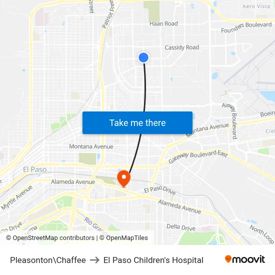 Pleasonton\Chaffee to El Paso Children's Hospital map