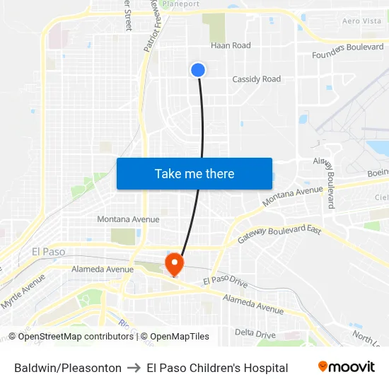 Baldwin/Pleasonton to El Paso Children's Hospital map