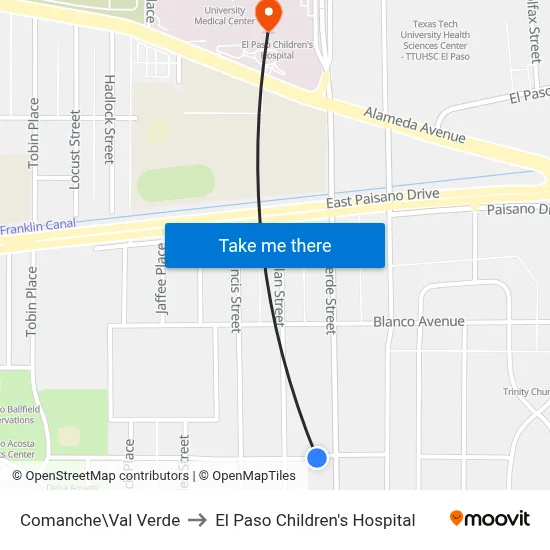 Comanche\Val Verde to El Paso Children's Hospital map