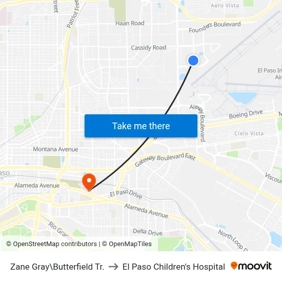 Zane Gray\Butterfield Tr. to El Paso Children's Hospital map