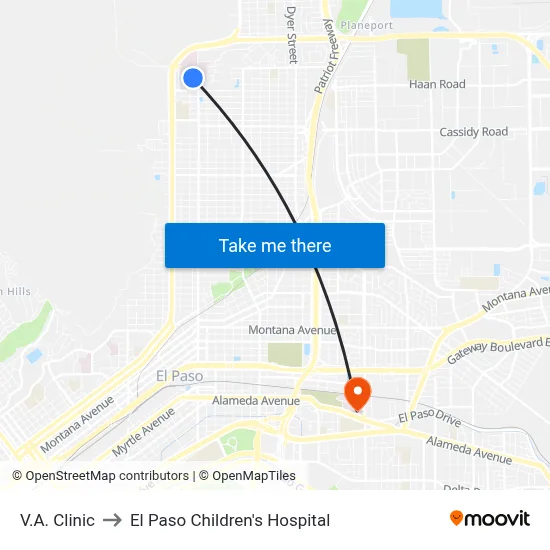 V.A. Clinic to El Paso Children's Hospital map