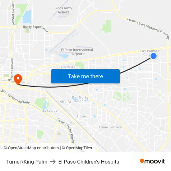 Turner\King Palm to El Paso Children's Hospital map