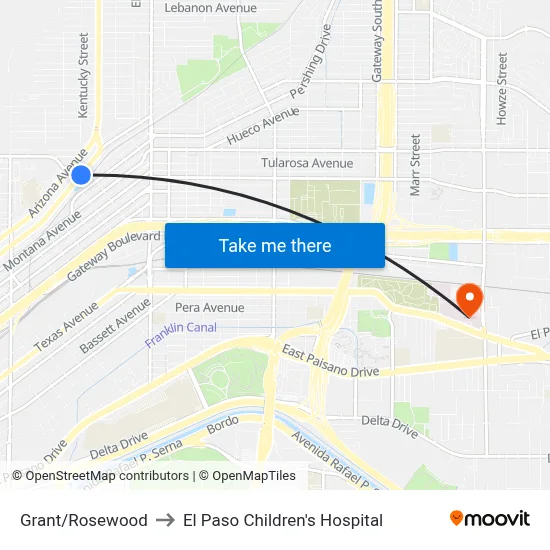 Grant/Rosewood to El Paso Children's Hospital map