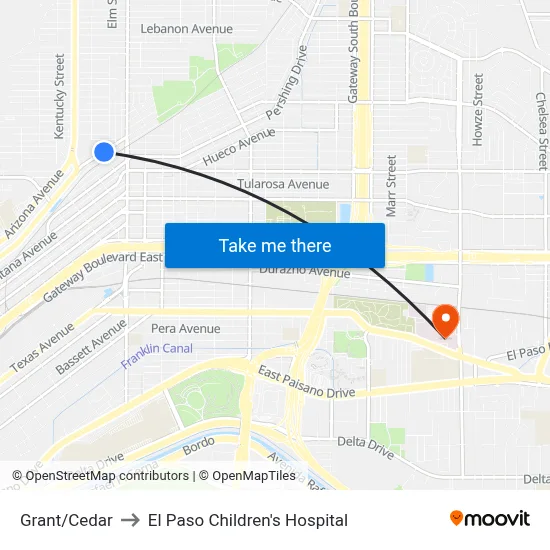 Grant/Cedar to El Paso Children's Hospital map