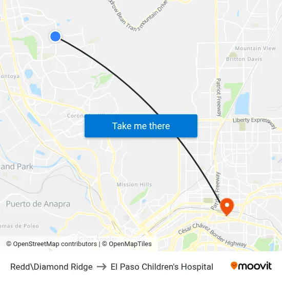 Redd\Diamond Ridge to El Paso Children's Hospital map